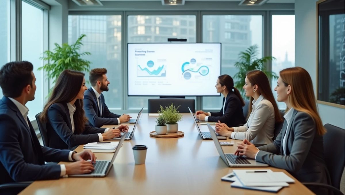 A team meeting in a bright boardroom