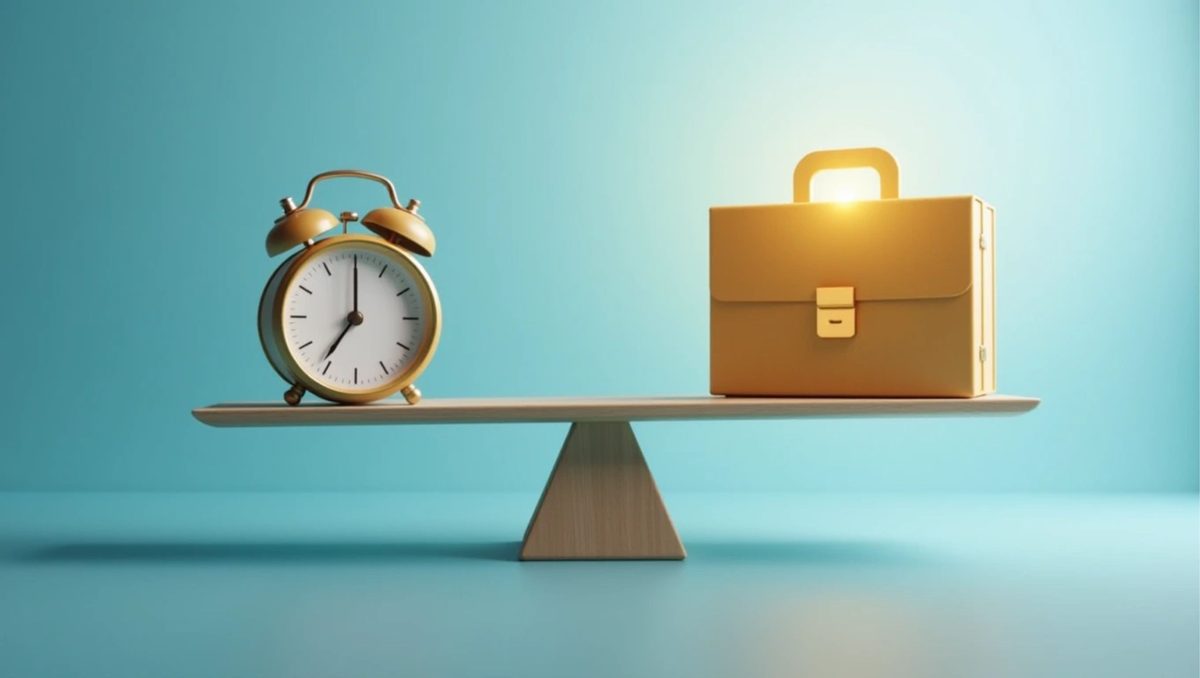 A clock and a briefcase balanced on a scale