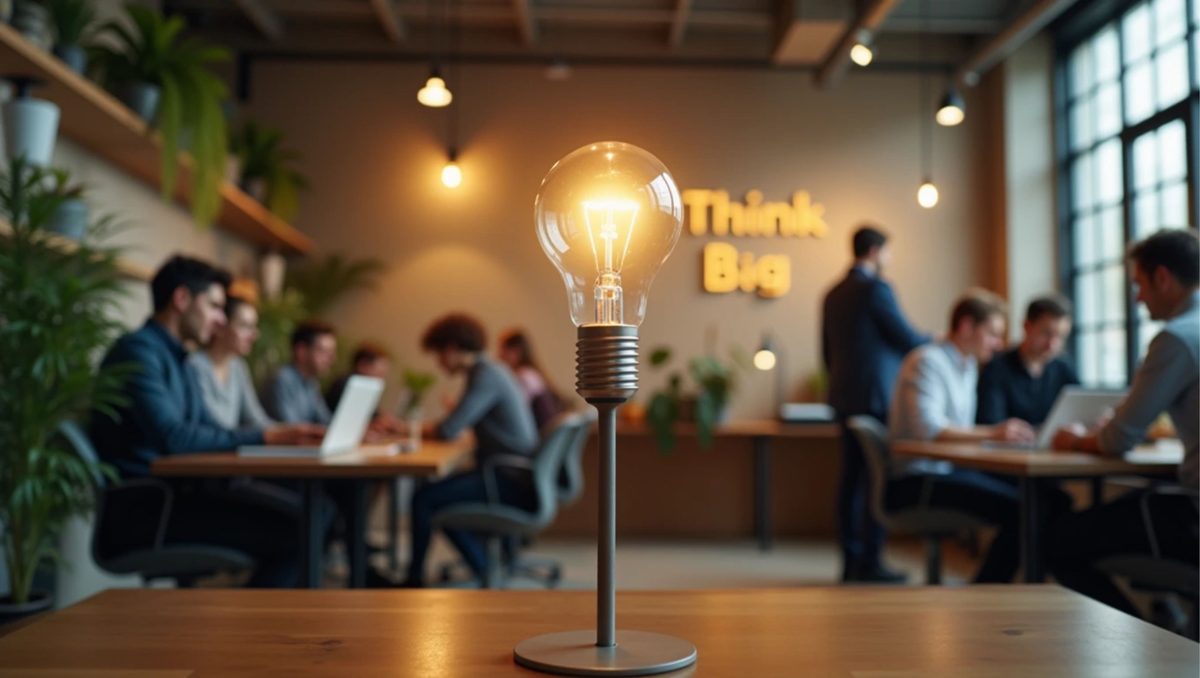 A glowing lightbulb in front of a team at work, with the words Think Big