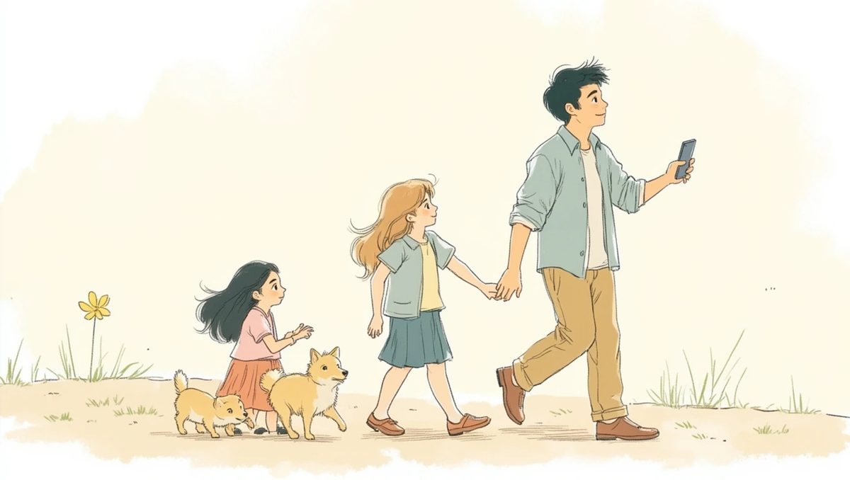 Illustration of a parent walking outdoors with their kids and a dog