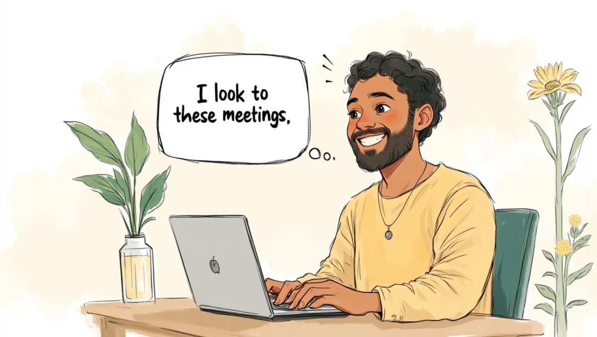 Illustration of a person smiling at their laptop with a speech bubble that reads 'I look to these meetings'