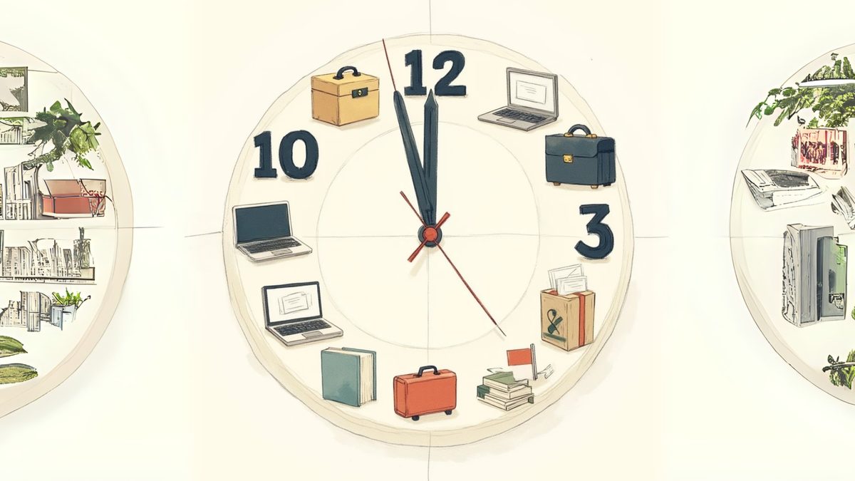 A clock surrounded by symbols of work and home life