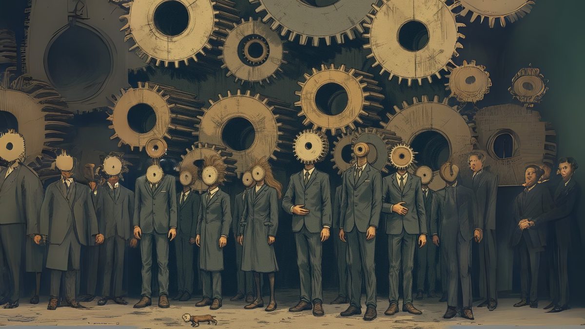 Rows of workers with gears for heads