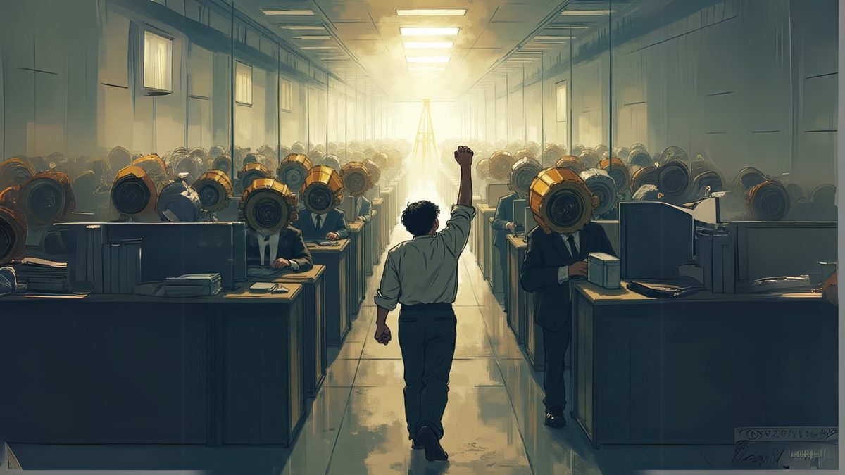 A worker raising a fist in a dim office