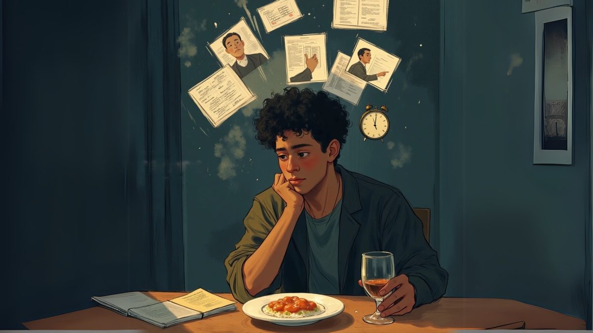 A person sitting alone at a table, distracted by floating worries